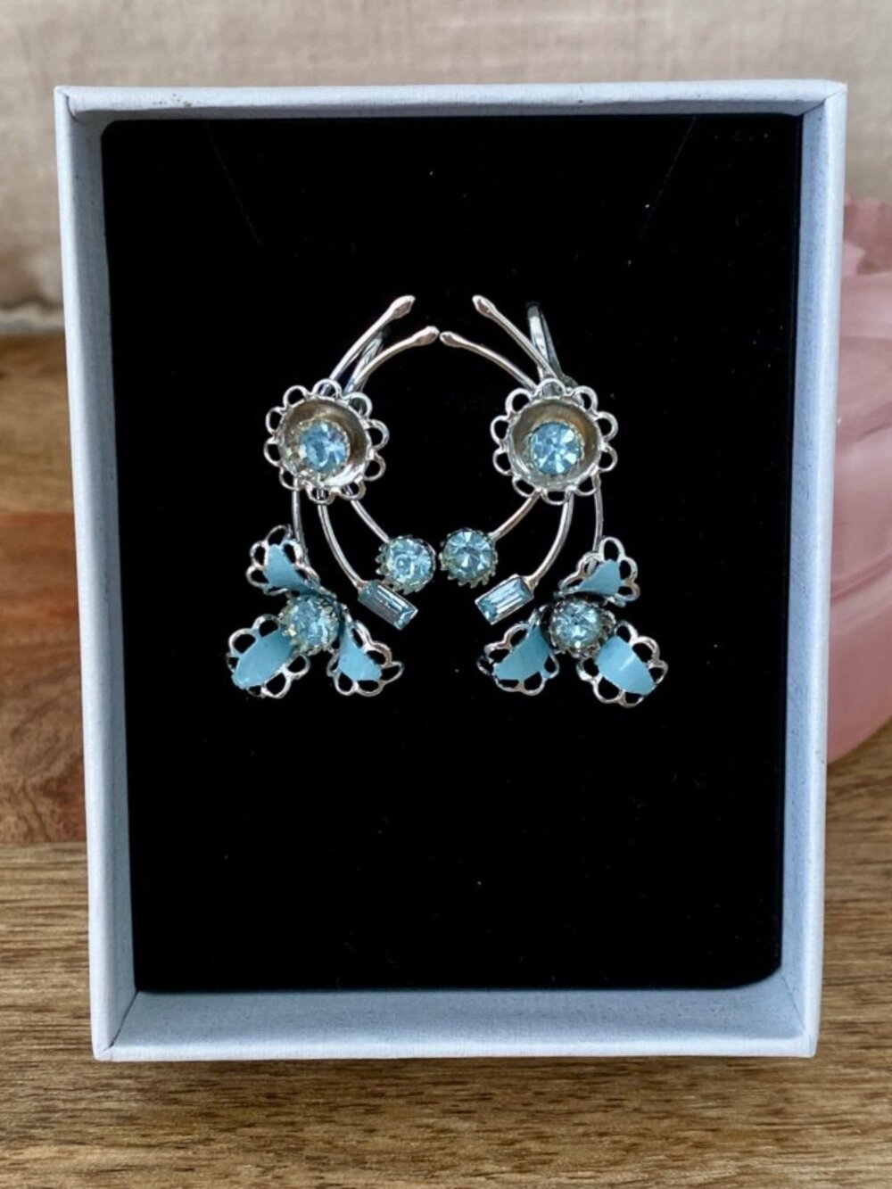 Blue Enamel & Rhinestone Chandelier Earrings Silvertone Floral Vintage Whimsical